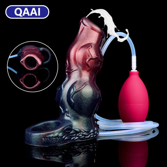 QAAI Squirt Function Penis Sleeve Extender With Big Knot Male Cock Ring Penis Enlargement Holster Delay Ejaculation Sex Toy 18+